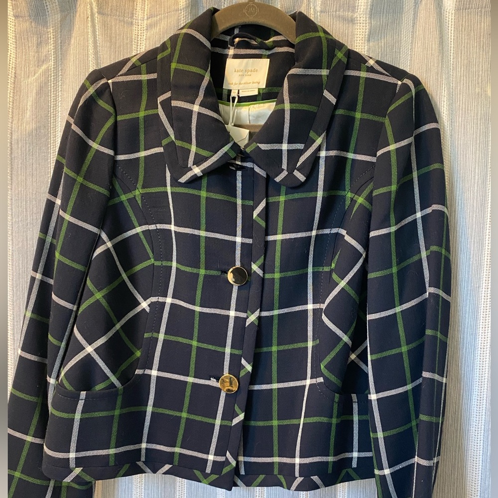 NEW Kate Spade Navy, Cropped, Windowpane, Jacket, Size 12